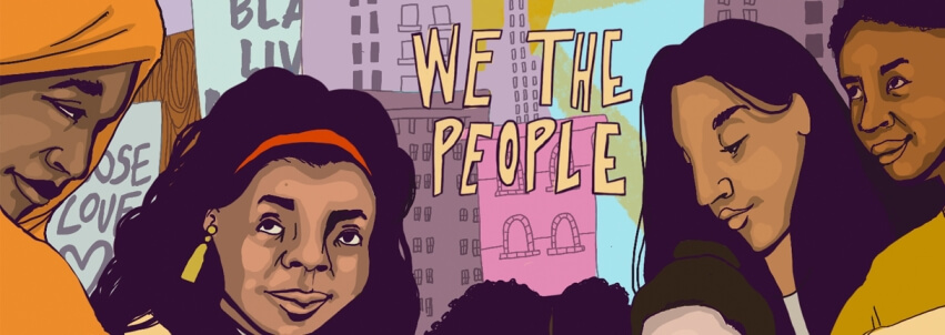 "We the People" text on top of a cityscape with four people in the foreground.