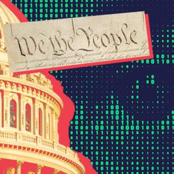 On the right half, picture of an eye covered with ones and zeros. On the left side, a picutre of the US capitol, with "with the people" superimposed on top.