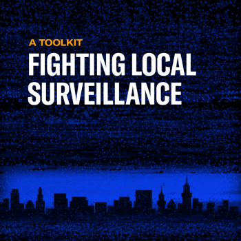 Cover of Fighting Local Surveillance Report. Blue background with static and a skyline in shadow