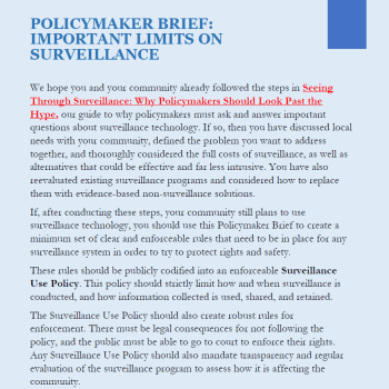 Cover image of surveillance policy maker brief. Text is too tiny to read. 