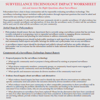 Cover page of surviellance technology impact report worksheet. Background is grey, with a red title and black text. Font is too small to read. 