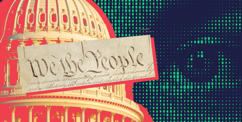 On the right half, picture of an eye covered with ones and zeros. On the left side, a picutre of the US capitol, with "with the people" superimposed on top.