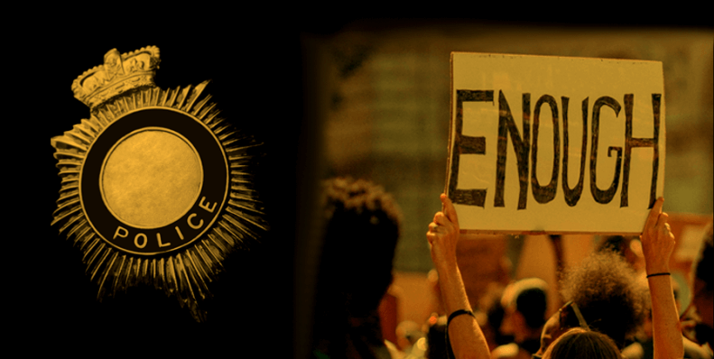 Crowd holding sign that says enough next to a graphic of a police badge