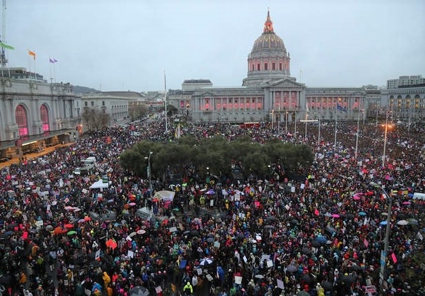 Thousands protest against the Muslim ban in front of San Francisco City Hall in January 2017