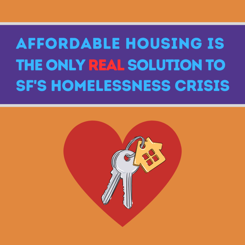 A graphic that reads, affordable housing is the only real solution to San Francisco's homelessness crisis. 