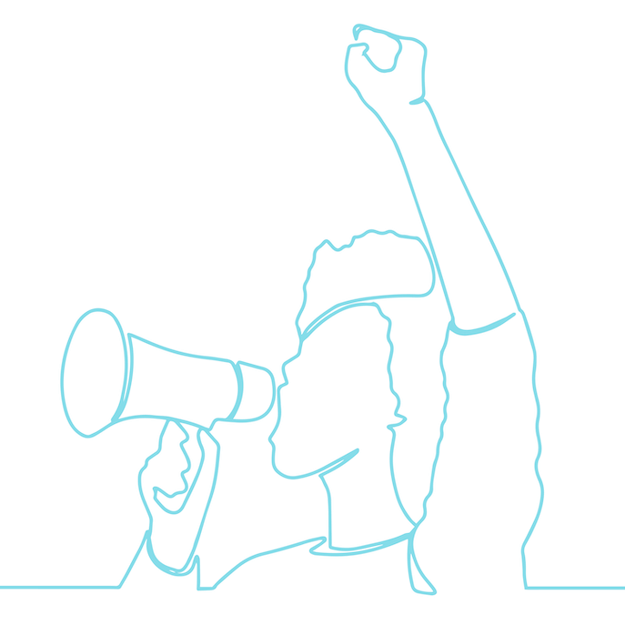 Line drawing of a protestor with a bullhorn