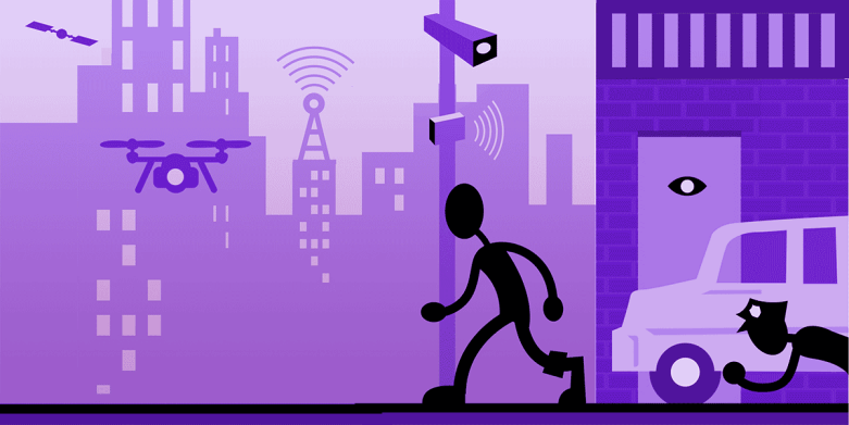 Purple cartoon of a stick figure walking down the street while being spied on by surveillance cameras. 