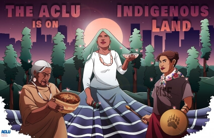 illustration with three Native peoples in a natural setting,