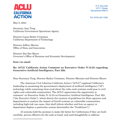 Screenshot of the front page of the ACLU's Comment on Governor Newsom's Executive Order on GenAI