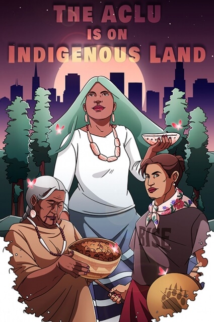 This illustration is of a Woman standing strong with the medicines ancestors prayed with, a Two Spirit youth holding the drum and songs of ancestors and wearing red for our MMIP (Murdred and Missing Indigenous Peoples), and of an elder, who has carried the knowledge of ancestors to carry into future generations.