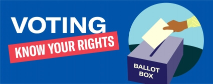 Voting Know Your Rights. Illustration of a hand placing ballot in ballot box.