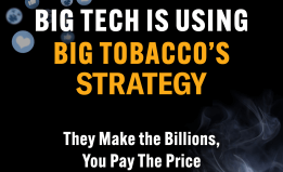 Graphic with smoke in bottom left corner, emojis in top right. Text reads "Big Tech is Using Big Tobacco's Strategy"