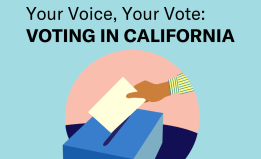 Graphic for "Your Voice, Your Vote" with hand putting ballot in ballot box