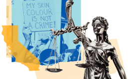 opaque blue square overlaid on a photograph of a rally poster reading 'My Skin Color is not a crime'. A yellow outline of the state of California is to the left of the blue square. To the right of the blue square is a black and white cutout of figure holding the scales of justice. 