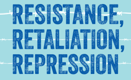 Light blue background, blue bold text that reads resistance, retaliation, repression. 