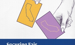 Cover of Securing Fair Representation report with hands holding paper ballots with the state outline on them