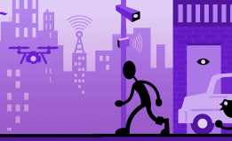Purple cartoon of a stick figure walking down the street while being spied on by surveillance cameras.