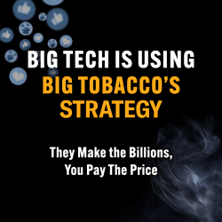 Graphic with smoke in bottom left corner, emojis in top right. Text reads "Big Tech is Using Big Tobacco's Strategy"