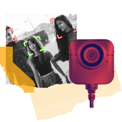 Collage of three people in black and white photo being scanned by face surveillance technology. In the botom right is a picture of a camera tainted red. On the left is an outline of the state of California