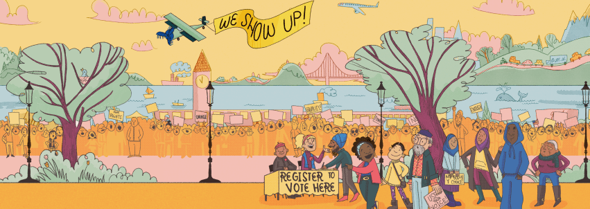 Annual report art showing voter registration in a Bay Area landscape